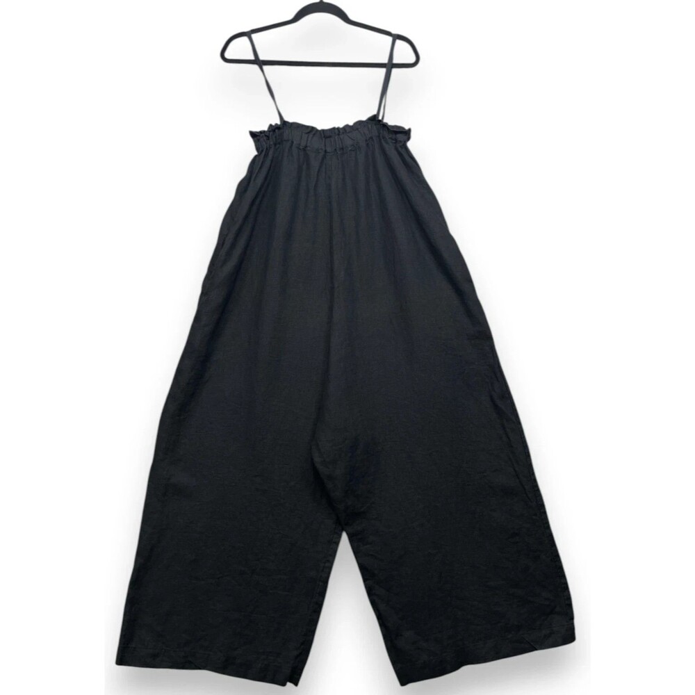 Ozma Of California Deia Laundered Linen Jumpsuit Womens L Black Wide Leg Natural